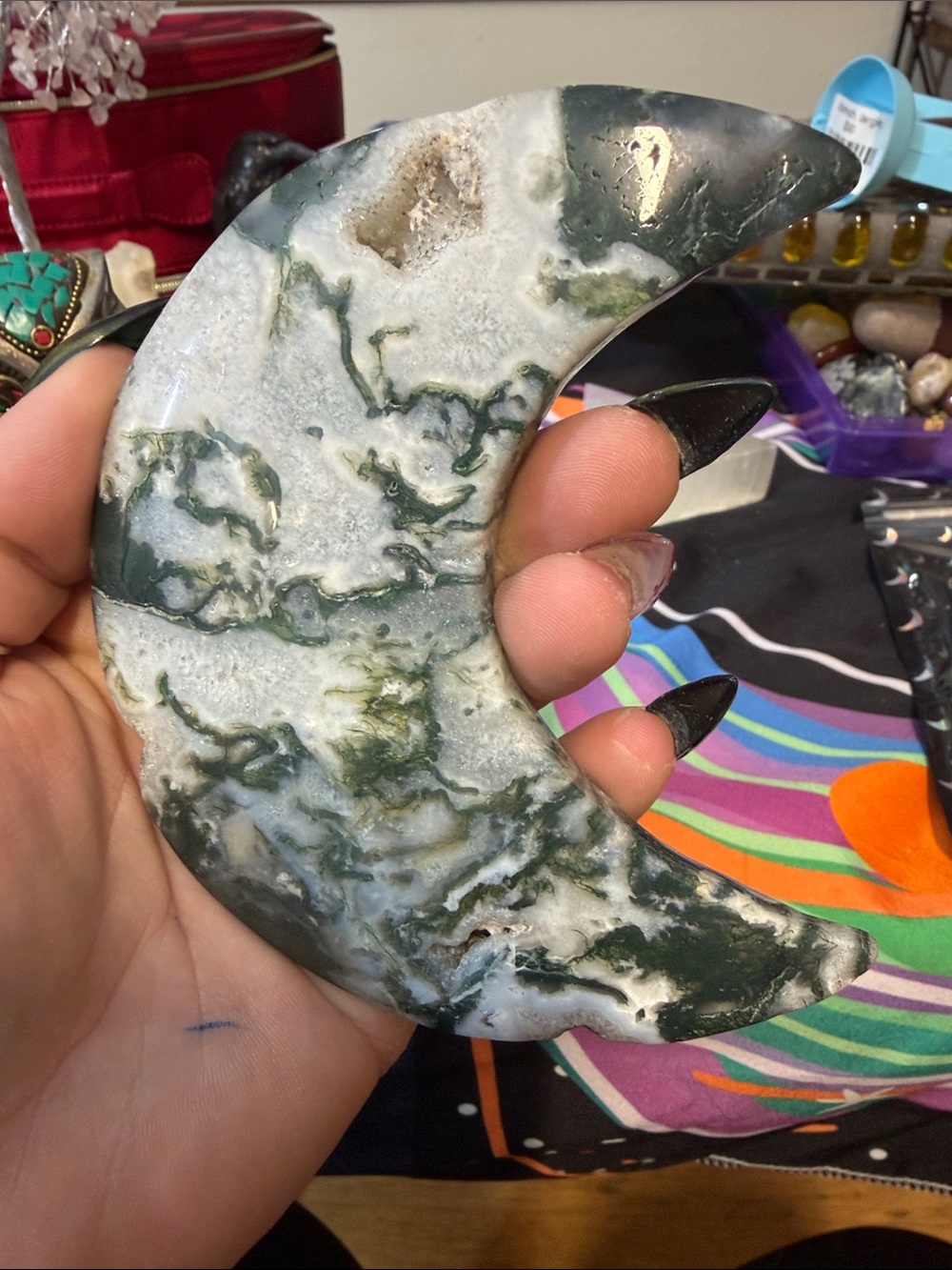 Moss Agate Crescent Moon Decorative Stone - Green and White